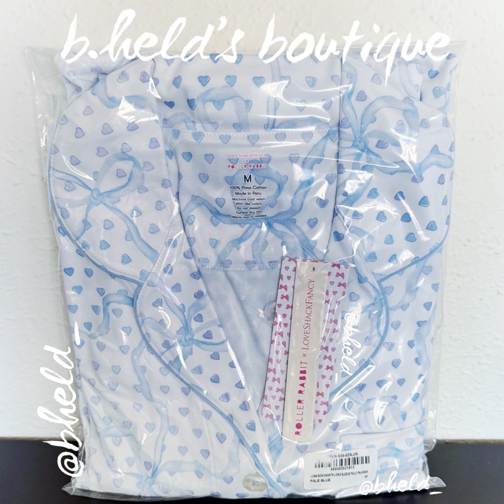 Roller Rabbit x LoveShackFancy Luna Bow Hearts Long Sleeve Polo Pajamas PaleBlue - Picture 11 of 15